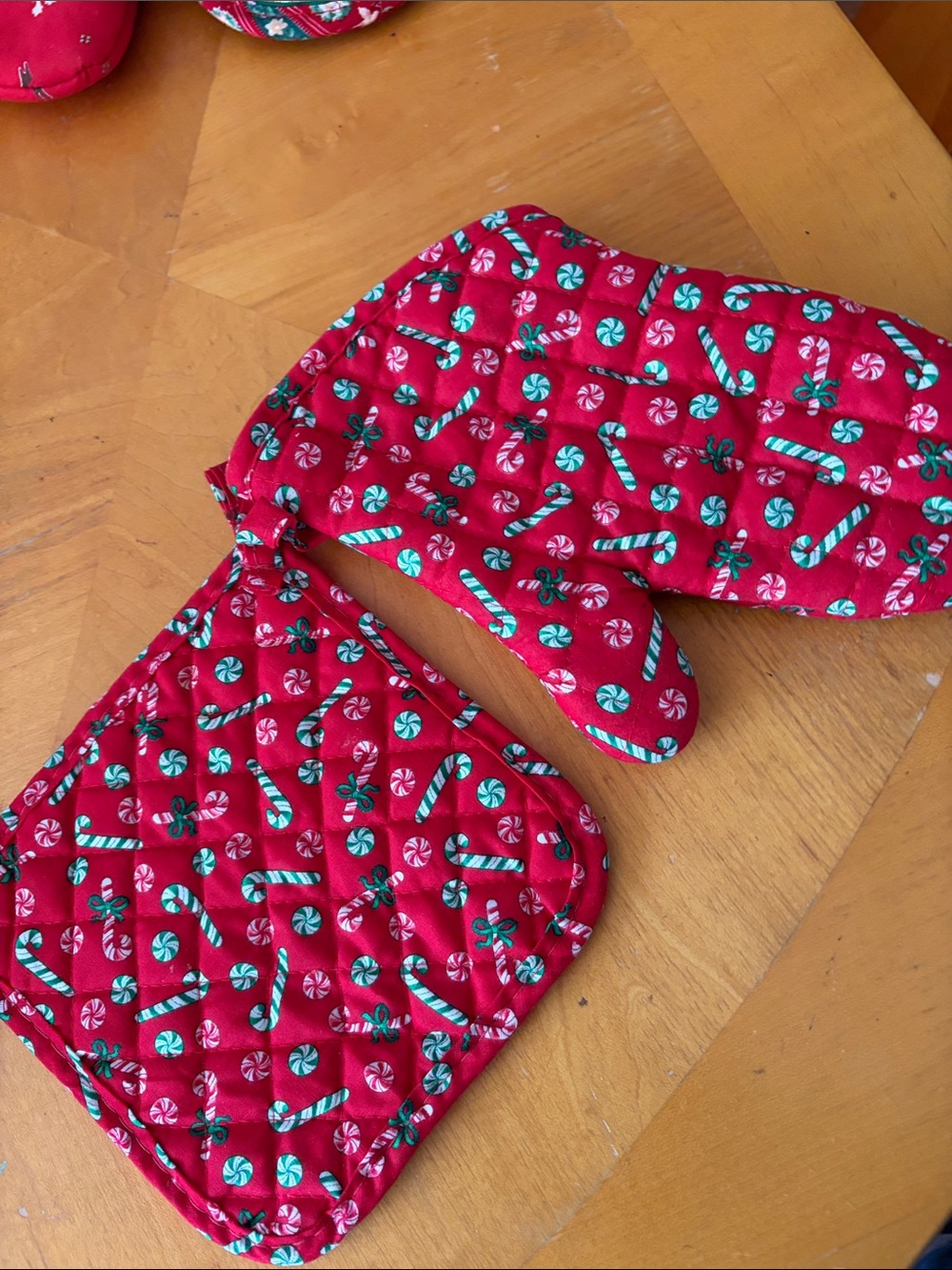 Red Candy Cane Print Oven Mitt and Pot Holder Set
